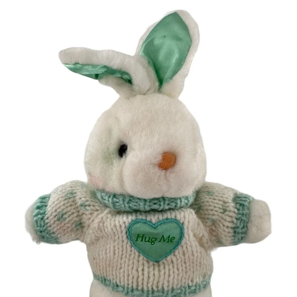 Vintage Main Joy Plush White Bunny Green Knit Sweater Hug Me Heart‎ Easter Satin